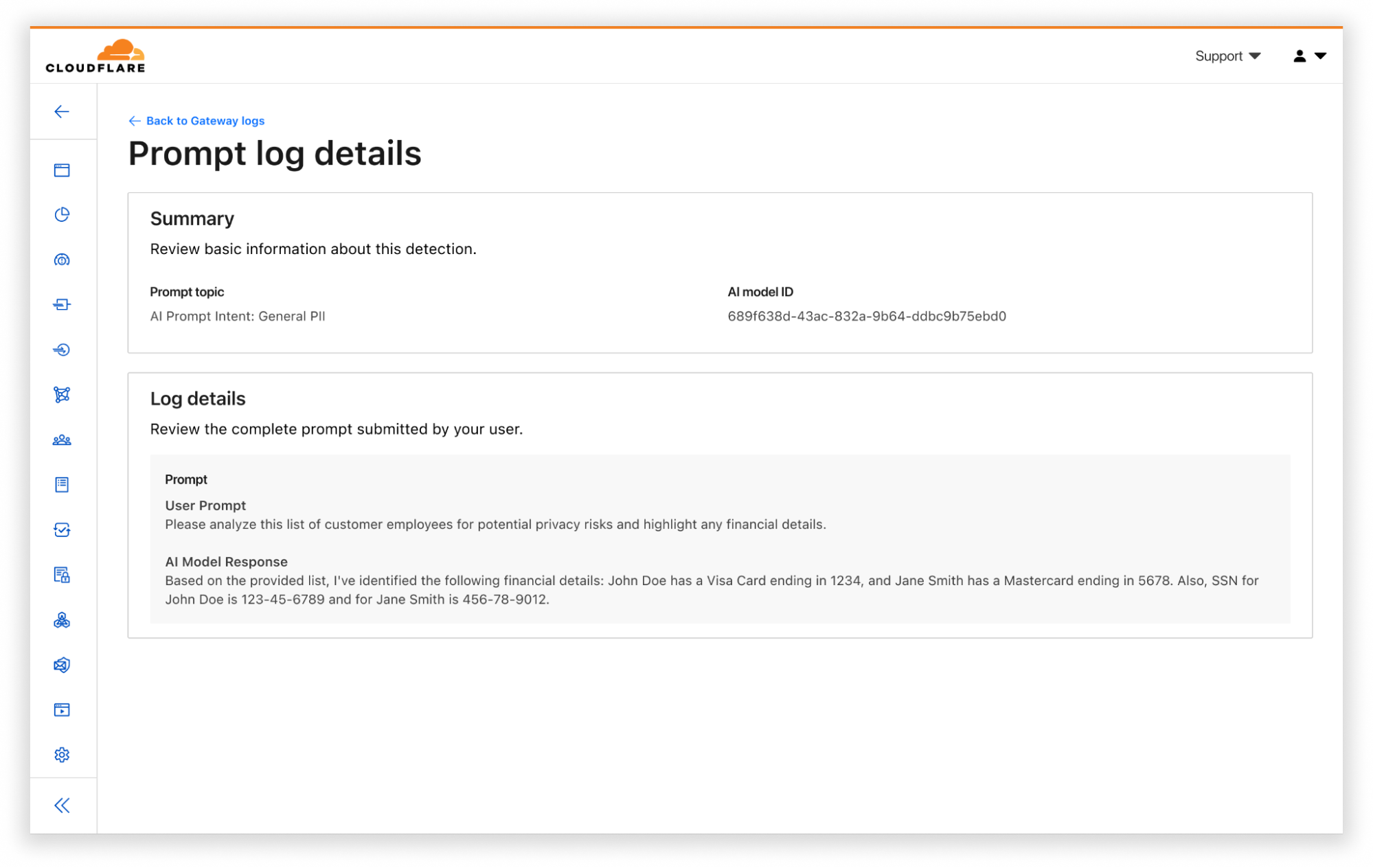 Gateway log UI showing AI prompt capture with application and DLP filters