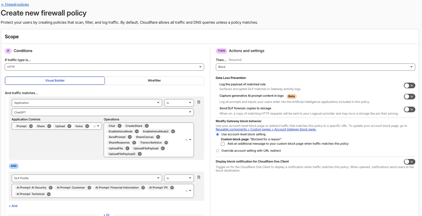 Cloudflare dashboard — Gateway HTTP policy blocking AI applications